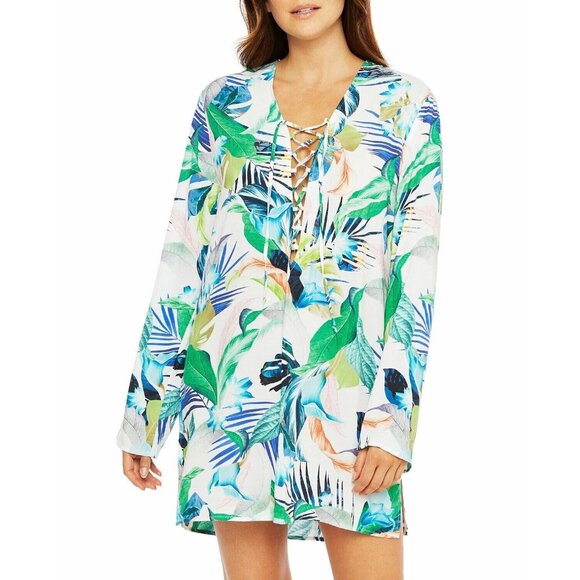 La Blanca In the Moment Lace Up V-Neck Cover Up Swim Dress Blue Green Sz Medium - Picture 3 of 11